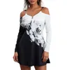 Casual Dresses Women Vintage Flower Print Mini Dress Cold Shoulder Long Sleeve Zipped A-line Spring Summer Fall Clothing Streetwear