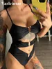 Women's Swimwear New Sexy Tummy Cut Out Metal Rings One Piece Swimsuit Women Swimwear Female Monokini High Leg Cut Bather Bathing Suit Swim V4975 T240227