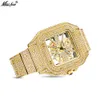 MISSFOX V324A Hip Hop évider montre carrée pour hommes plein diamant or hommes montres étanche montre-bracelet à Quartz