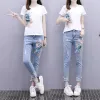 Suits Fashion Women's Suit 2023 Spring and Summer New Style Embroidered Shortsleeved Top Age Reducing Jeans Twopiece Set