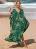 Basic Casual Kleider 2023 Boho gedruckt losen Strandkleid Casual V-Ausschnitt Batwing Sleeve Side Split Maxi Kleider Frauen Sommerkleidung Langer Kaftan Q1297 T240227