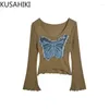 Dames truien kusahiki herfst vlinder applique short brearwear tops causale flare mouw pittig meisje 2024 pullover gebreide trui