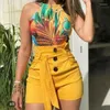 Women's Shorts Summer High Waist Casual Solid Loose Wide Leg Pants Beach Fashion Jeans Belt Design Slim