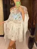 Women's Swimwear Tassel Mesh Sheer See Through 2 Pieces Set Skirt Beach Cover Up Cover-ups Beach Dress Beach Wear Beachwear Female Women V2974 T240227