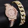 Relógios de pulso 1/2 pçs luxo mulheres diamante relógios hip hop pulseira senhoras relógio de quartzo rosa ouro feminino relógio de pulso cristal brilhante