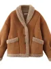 Pelliccia vintage finta lana di agnello cappotto donna marrone scuro manica lunga tasca colletto rovesciato cappotti femminili moda invernale caldo double face