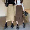 Skirts Skirt Long Black Korean Slim Fit Fashion With Belt High Waist Split Straight Woman All Match Pockets Midi Faldas Clothing