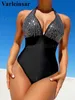 Women's Swimwear Sexy Shiny Sequins Deep V Backless Monokini Halter Women Swimwear One Piece Swimsuit Female Bather Bathing Suit Swim Lady V4996 T240227