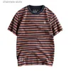 T-shirts hommes été nouveau japonais rétro manches courtes rayé t-shirt hommes mode 100% coton mince simple col rond lavé vieux hauts décontractés T240227