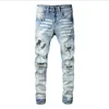 Men039s jeans amri rippade byxor mode hip hop blå bokstav tryckning bra version high street ungdom smal fit denim elastic