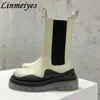 Botas clássicas chelsea botas femininas sola grossa meia panturrilha cor única plataforma sapatos de couro genuíno botas de motocicleta femininas