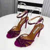 Aquazzura 10.5cm Stiletto Sandals مضخات الأغنام حزام الكاحل الكريستال ديكور الحزب الأحذية المسائية المرأة المصممة الفاخرة عالية الكعب الأحذية مع مربع