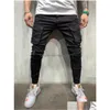 Men'S Jeans Black Men Biker Cargo Mti Pocket Slim Fit Joggers Trousers Male Ripped Hole Motorcycle Streetwear Denim Pencil Pants Dro Dhwvo