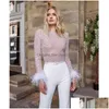 Basic Casual Dresses Elegant White Jumpsuit Women Slim Fit Straight Sequins Feather Stitching Long Sleeves Sexy Bodycon 231219 Dro Dhzhm