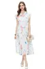 Women's Runway Dresses Notched Collar Short Sleeves Printed Elegant Mid Vestidos with Belt