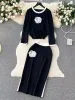 2024 primavera coreana lavorata a maglia o-collo due pezzi set donna manica lunga fiore pullover + elastico in vita gonna lunga abiti abiti