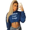 Felpa da donna personalizzata con cappuccio a maniche lunghe casual, tinta unita, top corto, pullover corto, felpa con cappuccio corta Swe 240219