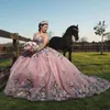 Pink Shiny Quinceanera Dress Off Shoulder Corset Ball Gown Applique Lace Tull Sweet 16 Vestidos De 15 Anos