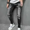 Jeans pour hommes Nouveau Déchiré Couleur Unie Skinny Jeans Hommes Élastique Petit Trou De Pied Moto Denim Pantalon Mâle Streetwear T240227