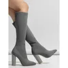 Boots Autumn Women's Knitted Elastic Comfortable Mid Sleeve Long Grey Pointed One Step Thick Heel Fashion 35-42