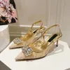 Slingback Stiletto Heel Sandals Rhinestone Lace Mesh Fabric مدببة إصبع القدم مضخات جلدية خفية