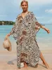 Basic Casual Kleider 2023 Boho gedruckt losen Strandkleid Casual V-Ausschnitt Batwing Sleeve Side Split Maxi Kleider Frauen Sommerkleidung Langer Kaftan Q1297 T240227