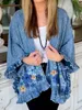 Vintage mignon Floral épissage poche Denim veste femme mode Streetwear revers 34 manches à volants Cardigan lâche femmes manteau 240226