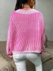 Spring and Autumn V-neck, loose and slim, bat-sleeved sweater, striped contrasting pullover knit top