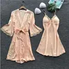 Women's Sleepwear 2PCS Leepwear Female Pajamas Set Satin Home Pyjamamas Lace Robe Sleep Suit V-Neck Wedding Nightwear Wear Nighty&Rob