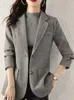 Zoki Harajuku Grey Tweed Blazer Women Retro Elegant Long Sleeve Office Lady Lady Coat Casual Fall Simple Button Design Jacket 240227