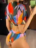 Women's Swimwear S-XXL Sexy Colorful Print Female Swimsuit High Waist Bikini Women Swimwear Three-piece Bikini set Bather Bathing Suit Swim V2805 T240227