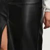スカート女性長いPUレザーボディコンミディ秋冬のフロントスリットハイウエストファッションスカートポケットウォーム