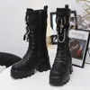 Stiefel Damen Punk Gothic 2024 Mode Schnalle Kette High Heels Mittlere Waden Frauen Schwarz Pu Leder Plus Größe 42 Herbst Botas