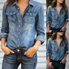 Kvinnors blusar Autumn Women Lapel Button Blue Long Sleeves Denim Jean Shirts Pocket Slim Jeans Topps Blus Plus Size Blusa Mujer