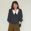 Kvinnors blusar japanska mode Slim Print Women Shirts 2024 Elegant Lapel Long Sleeve Office Lady Mini Blouse Casual High midja Kvinna