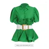 Camicette da donna Camicia casual verde per donna Camicetta sottile elegante con maniche a sbuffo con cintura Autunno Inverno Moda Button Ruffle Top 2024