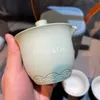 Tragbares Designer-Teeset aus Keramik in Blau für die Reise, Lazy One Pot, drei Tassen, Outdoor, Camping, klassische Teetasse mit karierter PU-Tragetasche