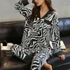 Women's Sleepwear Ice Silk Pajamas Women 2024 Spring Autumn Lapel Painted Suit Long Sleeve Pants 2 Pieces Set Home Clothes Pijamas