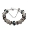 Urok bransolety Annapaer srebrne koraliki bransoletki kwiatowej z czarnym szklanem dla kobiet prezent biżuterii B17003