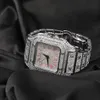 UWIN Luxury Full Iced Out Diamond Girls Watch Pink Digital Square Dial Pink Numbers Watches Hip Hop Rapper Jewelry