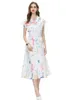 Women's Runway Dresses Notched Collar Short Sleeves Printed Elegant Mid Vestidos with Belt