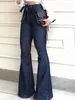 Navy Blue Flared Jeans Autumn HighStretch With Waistband Bell Bottom Wide Legs Denim Pants Womens Denim Jeans Clothing 240219