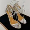 Mode Spiegel Leder Stiletto Sandalen Strass Dekoration Knöchelriemen offene Zehen Pumps Damen Party Abend Schuhe Luxus Designer High Heels Fabrik Schuhe