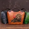 Avondtassen Echt leer Vintage bloemen Vrouwelijke schoudertas Dames Retro koeienhuid Vrije tijd Messenger Reliëf Tote voor dames handtas