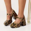 Dress Shoes Oversized Leopard Print Heterosexual Thick Heel Round Buckle Women's Pumps Square Toe Platform Stone Pattern Party High Heels