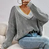 Spring and Autumn V-neck, loose and slim, bat-sleeved sweater, striped contrasting pullover knit top