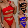 Women's Swimwear Women 2024 Sexy Solid Bandage Bikini High Cut One Shoulder Swimsuit Thong With Waist Underboob Top Swim Bath Suit