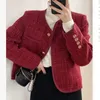 Kobiety w pojedynczych szustach Tweed Crop Kurtka Krótka bawełniana bawełniana jesienna zimowa płaszcz koreański elegancki okrągły biuro biura 240226