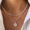 Boho Layered Moonstone Necklace Gold Opal Moonstone Pendant Necklace Paper Clip Chain Choker Necklace Punk Flat Chain Necklace 22143