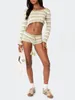 Women's Shorts Women Casual Knit Set Long Sleeve Striped Ruffles Crop Top And Drawstring Summer 2 Piece Outfits Streetwear